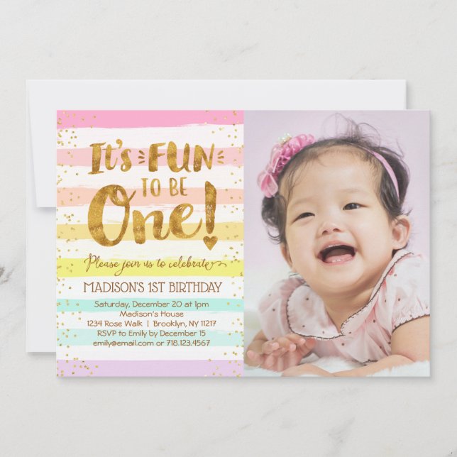 Fun to Be One Girls 1st Birthday Rainbow Photo Invitation (Front)