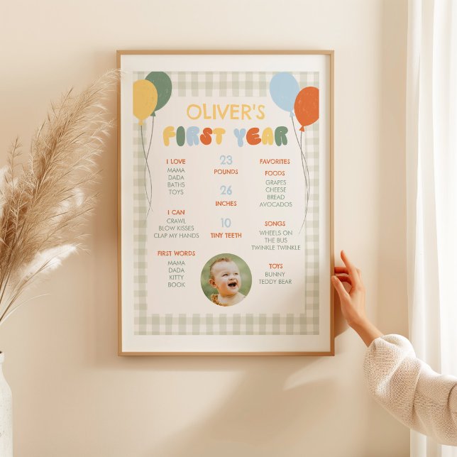 Fun to be ONE Green Gingham 1st Birthday Milestone Poster (Creator Uploaded)
