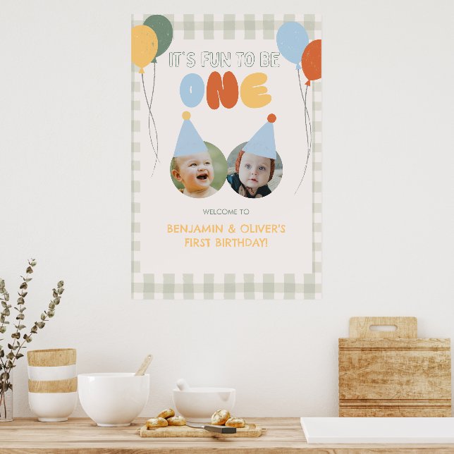 Fun to be ONE Green Gingham 1st Birthday Welcome Poster (Kitchen)