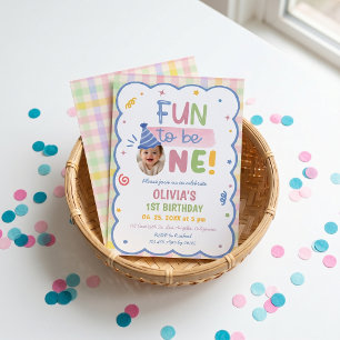 Fun to be One Pastel Gingham Birthday Invite