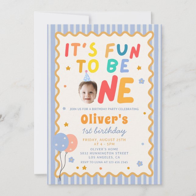 Fun To Be One Photo Colorful 1st Birthday Invitation (Front)