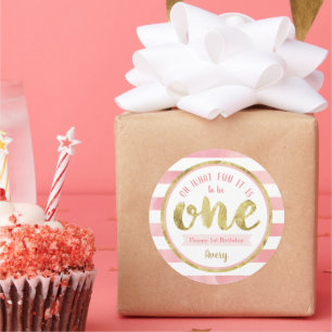 Fun to Be One Pink and Gold First Birthday Party Classic Round Sticker