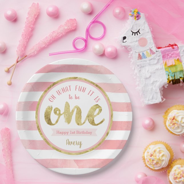 Fun to Be One Pink and Gold First Birthday Party Paper Plate (Party)