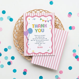 Fun to Be One Pink Stripes Birthday Thank You Card