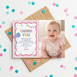 Fun to Be One Pink Stripes Birthday Thank You Card