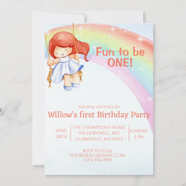 Fun to be one Rainbow first birthday invitation  (Front)