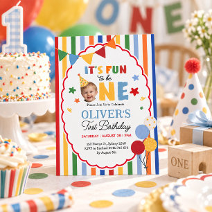 Fun to Be One: Rainbow Stripes 1st Birthday Photo Invitation