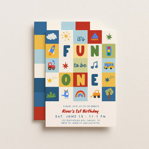 Fun To Be One Retro Boys 1st Birthday Invitation