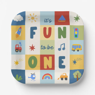 Fun To Be One Retro Boys 1st Birthday Paper Plate