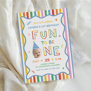 Fun To Be One Retro Colourful Boy 1st Birthday Invitation