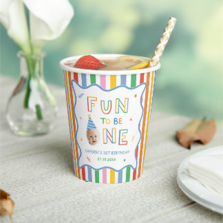 Fun To Be One Retro Colourful Boy 1st Birthday Paper Cups