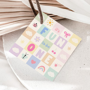 Fun To Be One Retro Girls 1st Birthday Favour Tags