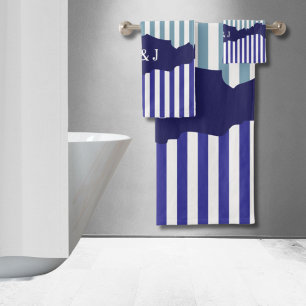 Fun Torn Stripes Blue Layered Initials Bath Towel Set