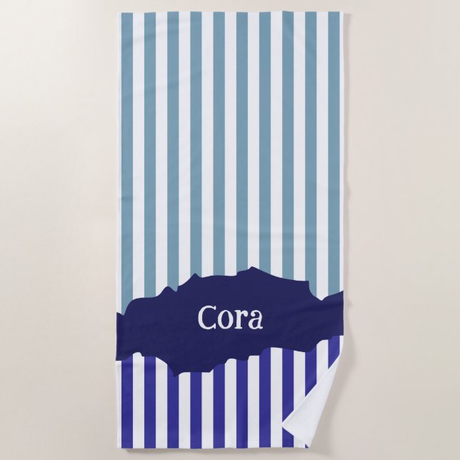 Fun Torn Stripes Blue Layered Name Beach Towel (Front)