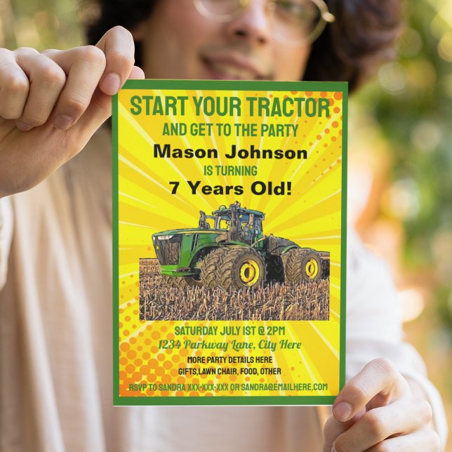 Fun Tractor Birthday Kid's Farm Equipment Yellow Invitation (Creator Uploaded)