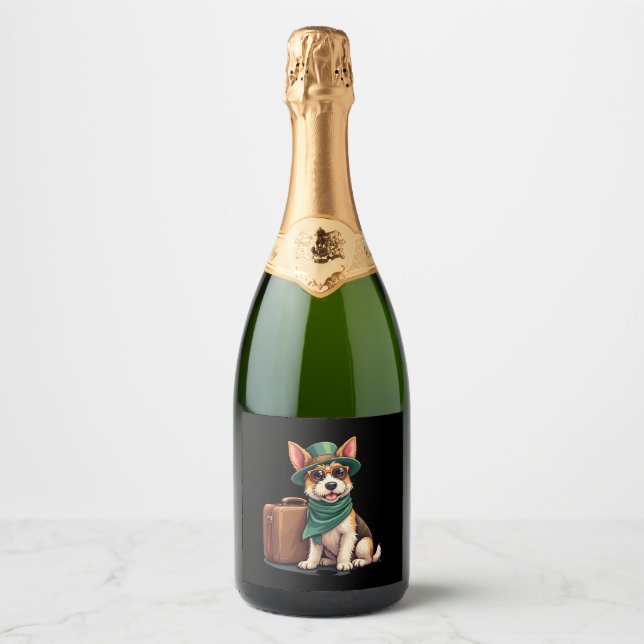 Fun Travelling Dog with Bag Graphic for Suitcase L Sparkling Wine Label (Front)