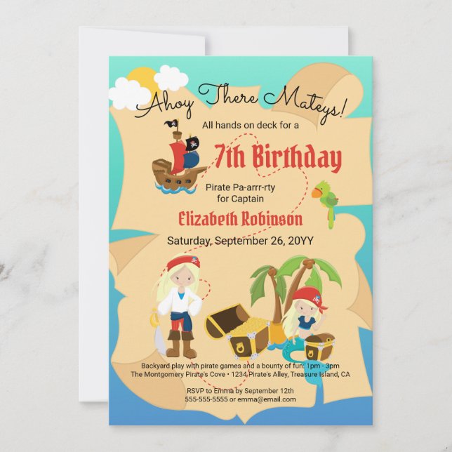 Fun Treasure Map Custom Pirate Girl Birthday Party Invitation (Front)