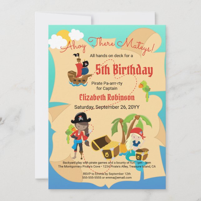Fun Treasure Map Cute Pirate Girl Birthday Party Invitation (Front)