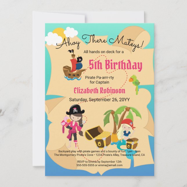 Fun Treasure Map Pink Pirate Girl Birthday Party Invitation (Front)