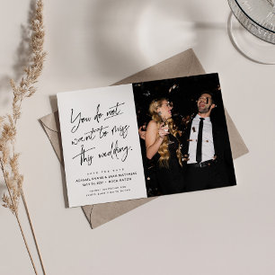 Fun trendy black white two photo save the date