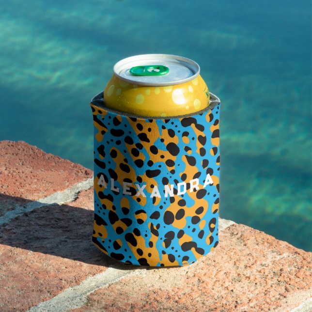 Fun Trendy Bue Orange Cheetah Leopard Pattern Name Can Cooler (In Situ Pool)