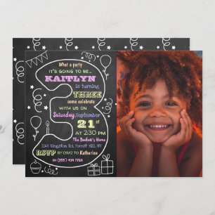 Fun & Trendy Calkboard Photo 3rd Birthday Invitation