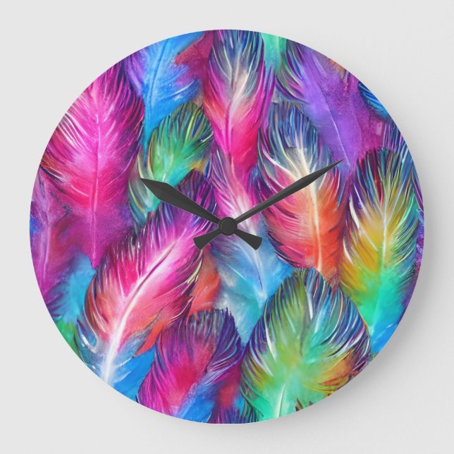 Fun Trendy Colourful Feather Patterned Large Clock (Front)