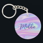 Fun Trendy Faux Iridescent Personalised w/ Name Ke Key Ring<br><div class="desc">This fun and modern keychain features a faux iridescent background in playful shades of pink, purple, and blue. On top of the background image is your name in modern calligraphy script. The design is the same on both sides. Makes a fabulous gift for anyone - but especially for a teen!...</div>