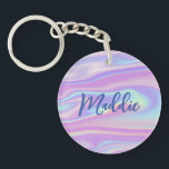 Fun Trendy Faux Iridescent Personalised w/ Name Ke Key Ring<br><div class="desc">This fun and modern keychain features a faux iridescent background in playful shades of pink, purple, and blue. On top of the background image is your name in modern calligraphy script. The design is the same on both sides. Makes a fabulous gift for anyone - but especially for a teen!...</div>