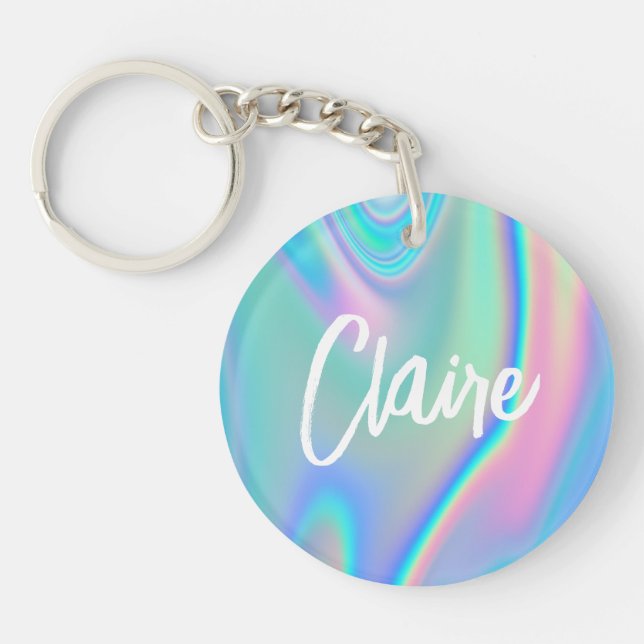 Fun Trendy Faux Iridescent Personalised w/ Name Key Ring (Front)