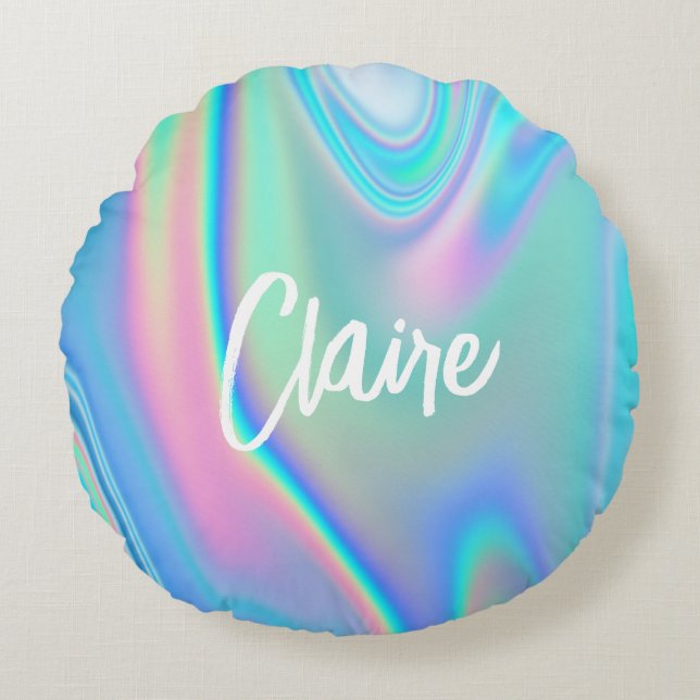 Fun Trendy Faux Iridescent Personalised w/ Name Ro Round Cushion (Front)