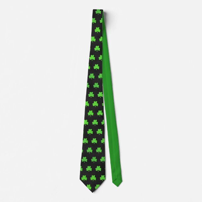 Fun Trendy Green Clover Leaf Pattern Green Black Tie (Front)