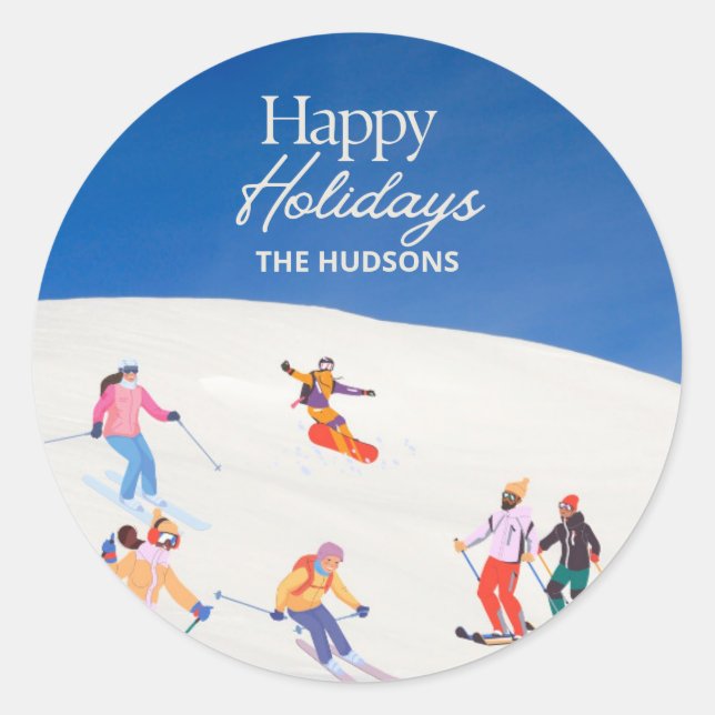 Fun Trendy Happy Holidays Ski Resort  Classic Round Sticker (Front)