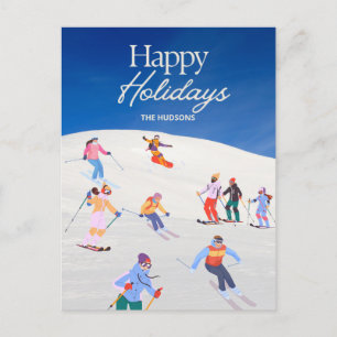 Fun Trendy Happy Holidays Ski Resort  Holiday Postcard