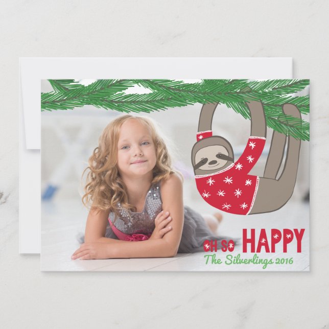 Fun Trendy Sloth Christmas Photo Personalised Card (Front)