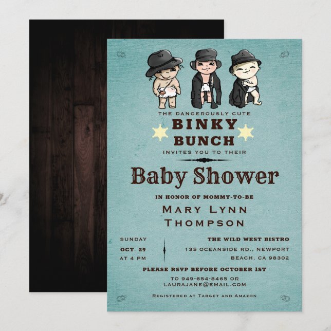Fun Triplets Binky Bunch Western Baby Shower Invitation (Front/Back)