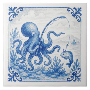 Fun Tropical Delft style Tile Octopus