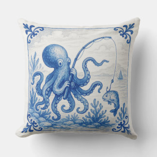 Fun Tropical Delft style Tile Octopus Cushion