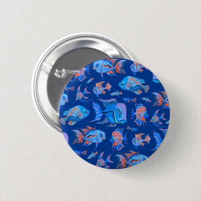 Fun tropical fishes on blue 6 cm round badge (Front & Back)