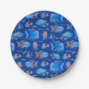 Fun tropical fishes on blue paper plate