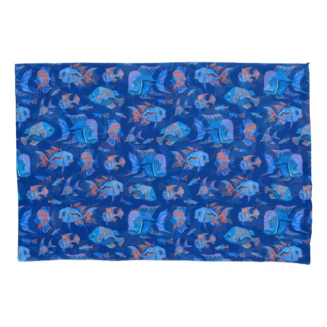 Fun tropical fishes on blue pillowcase (Front)