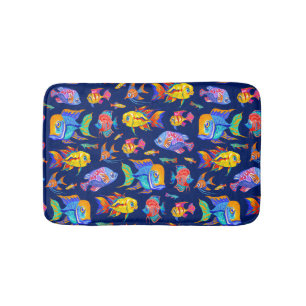 Fun tropical fishes on dark blue bath mat