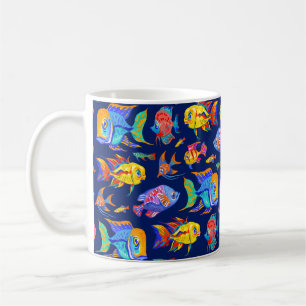 Fun tropical fishes on dark blue coffee mug