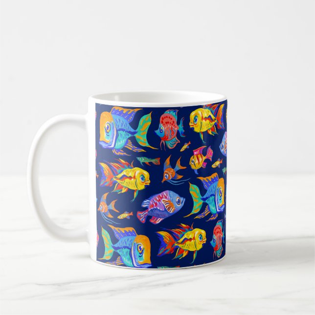 Fun tropical fishes on dark blue coffee mug (Left)