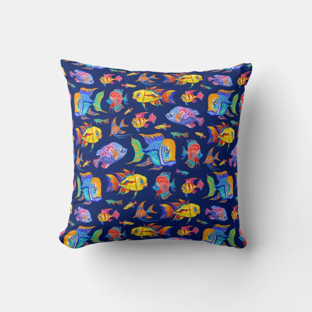 Fun tropical fishes on dark blue cushion (Front)