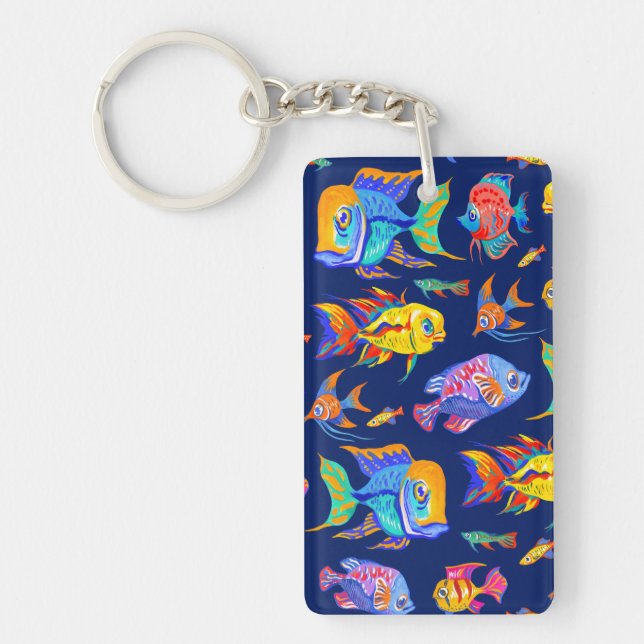 Fun tropical fishes on dark blue key ring (Front)