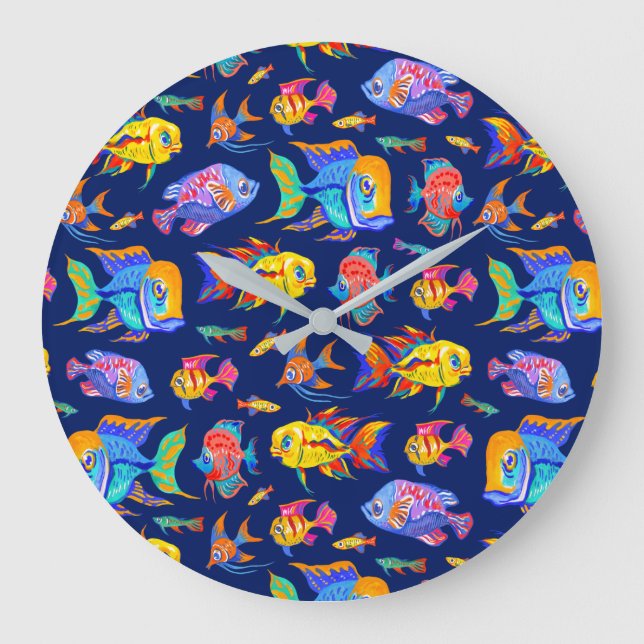 Fun tropical fishes on dark blue large clock (Front)