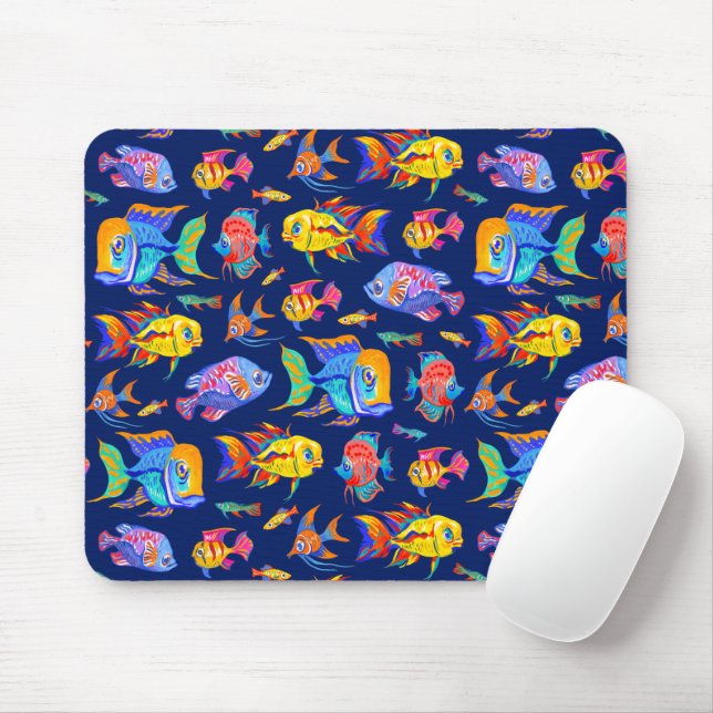 Fun tropical fishes on dark blue mouse mat (With Mouse)