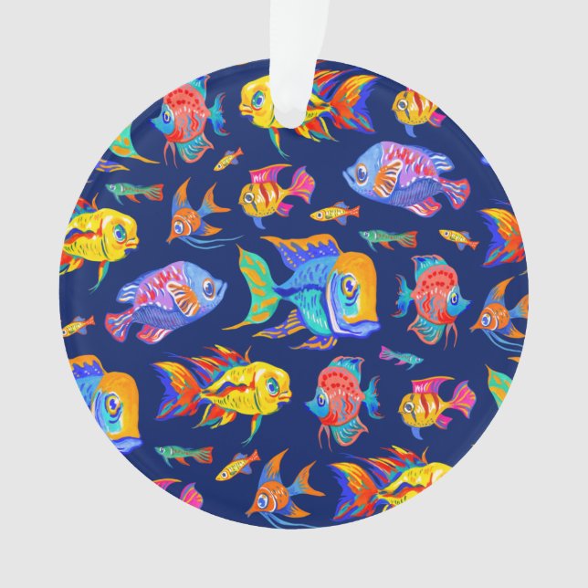 Fun tropical fishes on dark blue ornament (Front)