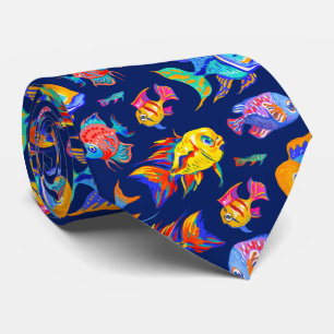 Fun tropical fishes on dark blue tie